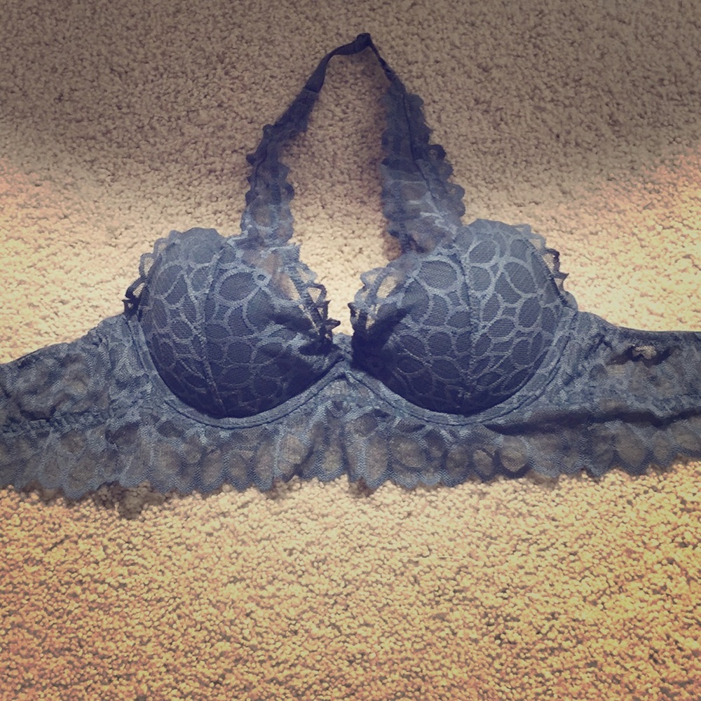 Dark grey lace bralette. Goes around the neck.